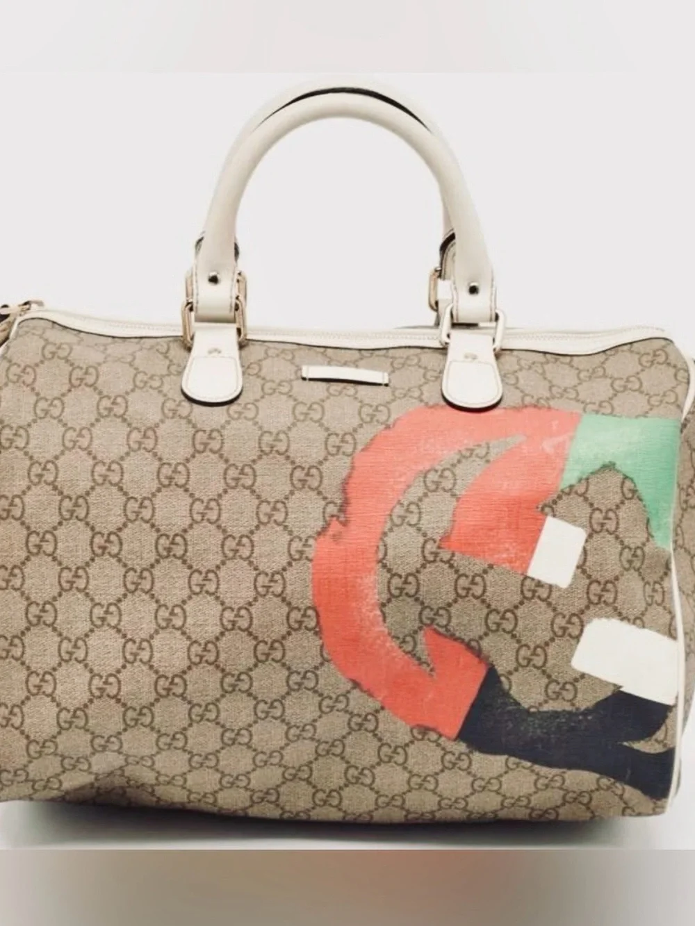GUCCI Guccisima, hint of sparkle GG Supreme painted beige canvas Boston Bag
